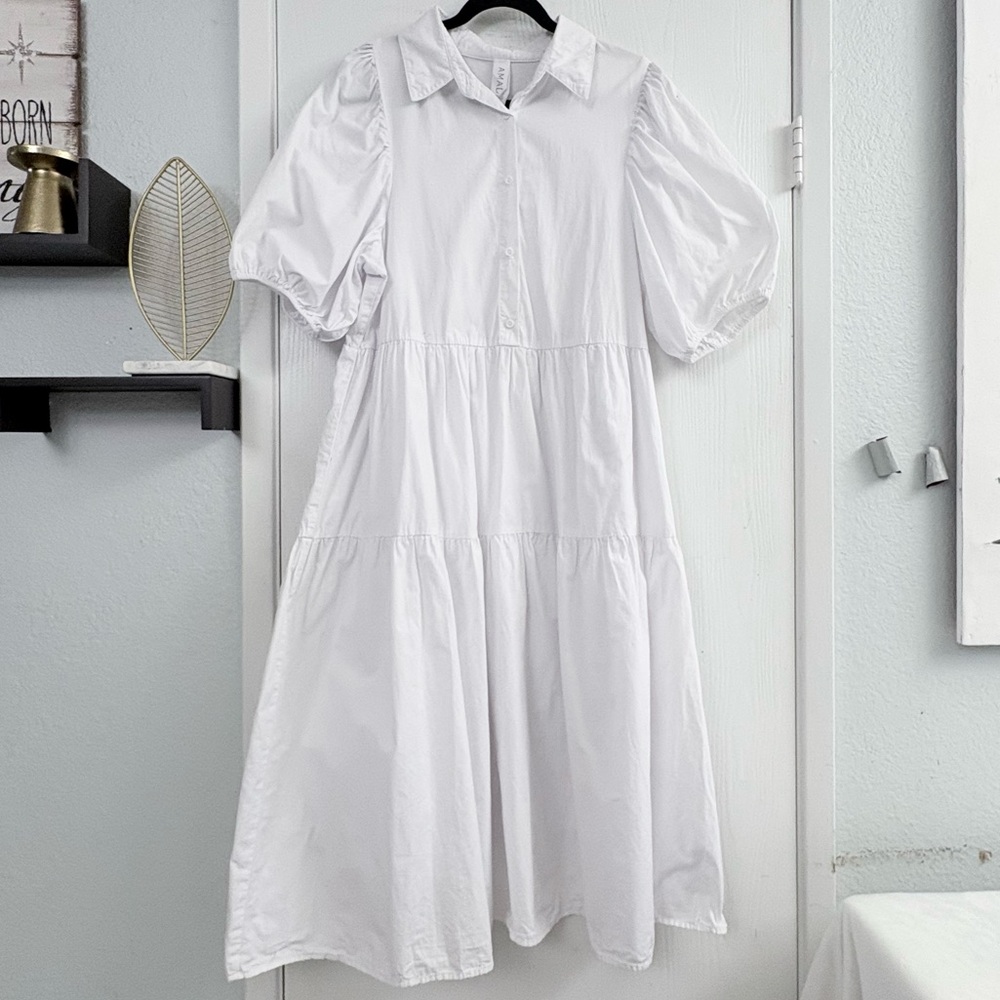 ANTHROPOLOGIE AMADI Cordelia Tiered White Midi Shirt Dress Size Large - Picture 2 of 10
